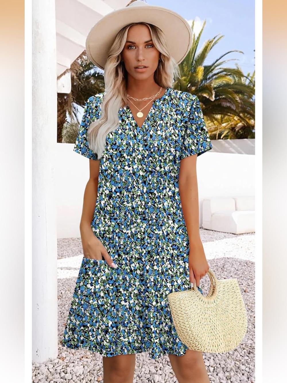 Blue Floral V-Neck Mini Dress